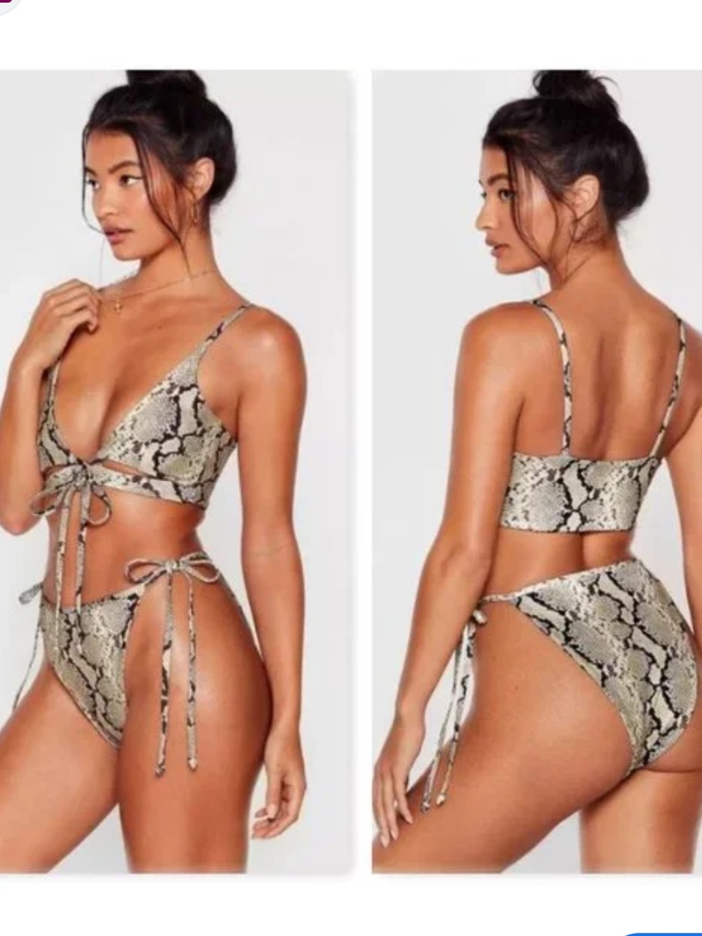 Nasty Gal Beige and Black Snake-Print Tie Bikini